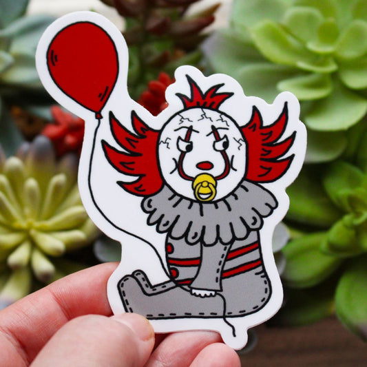 Baby pennywise the clown with pacifier holding balloon sticker horror parody spooky killer babies 2