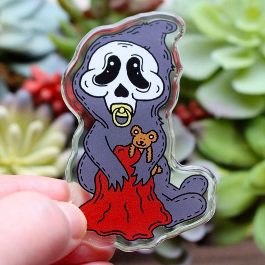 3" tall acrylic Baby Scream Ghostface magnet. Baby Ghostface has his pacifier, killer teddy bear and his blanket By SpookyKillerBabies.com