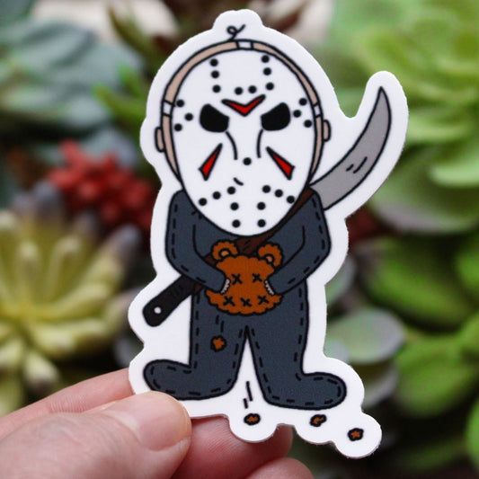baby jason voorhees wearing his sword and holding his ripped off teddy bear head sticker horror parody spooky killer babies