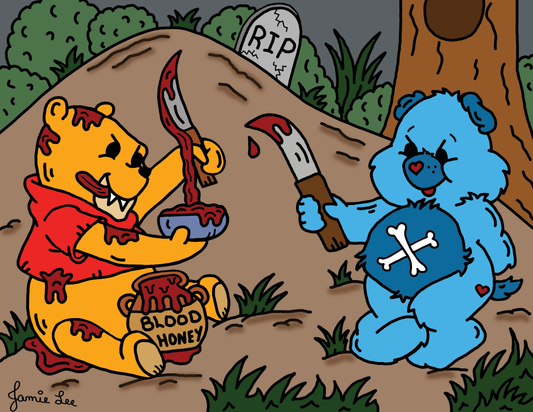 Mixing Up Some Blood And Honey Horror Parody Artwork Illustration by Artist Jamie Lee. Winnie The Pooh and Care Bears Mashup with Bloody Knife. SpookyKillerBabies.com