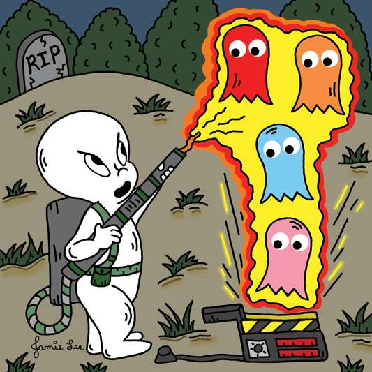 I Ain't Afraid Of No Ghosts Casper The Friendly Ghost Ghostbusters Pac-Man Mashup Cartoon Illustration Artwork. Casper using  his Ghostbuster Proton Pack and ghost trap to catch the Pac-Man ghosts!