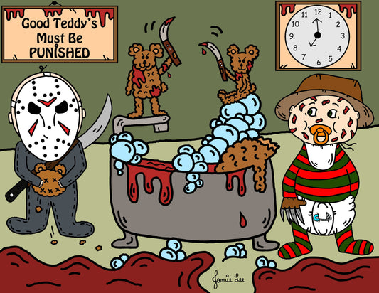 Good Teddy's Must Be Punished Baby Jason Voorhees Freddy Kruger Killer Teddy Bears Horror Artwork SpookyKillerBabies.com