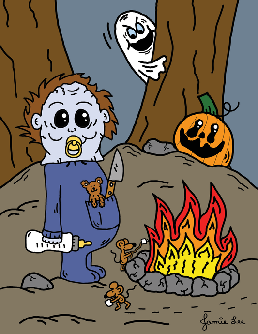 Halloween Roast Baby Michael Myers Roasting Marshmallows Mice Horror Parody Artwork Artist Jamie Lee SpookyKillerBabies.com