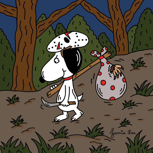 Jason Snoopy walking through woods with a captured bigfoot. He is wearing a Jaszon Voorhees mask from Friday the 13th. He is carrying his knife. SpookyKillerBabies.com Horror Parody Cartoons by Artist Jamie Lee