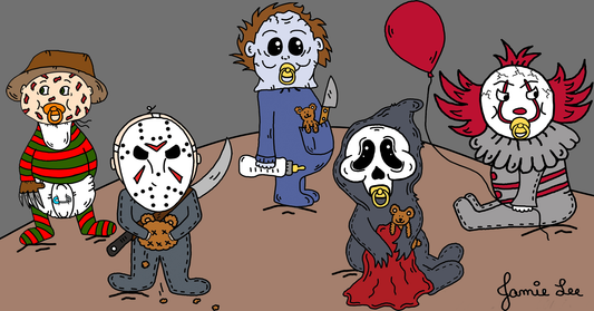 Spooky Killer Babies Jason Voorhees Michael Myers Scream Ghostface Pennywise Clown Freddy Krueger Horror Parody Artwork SpookyKillerBabies.com