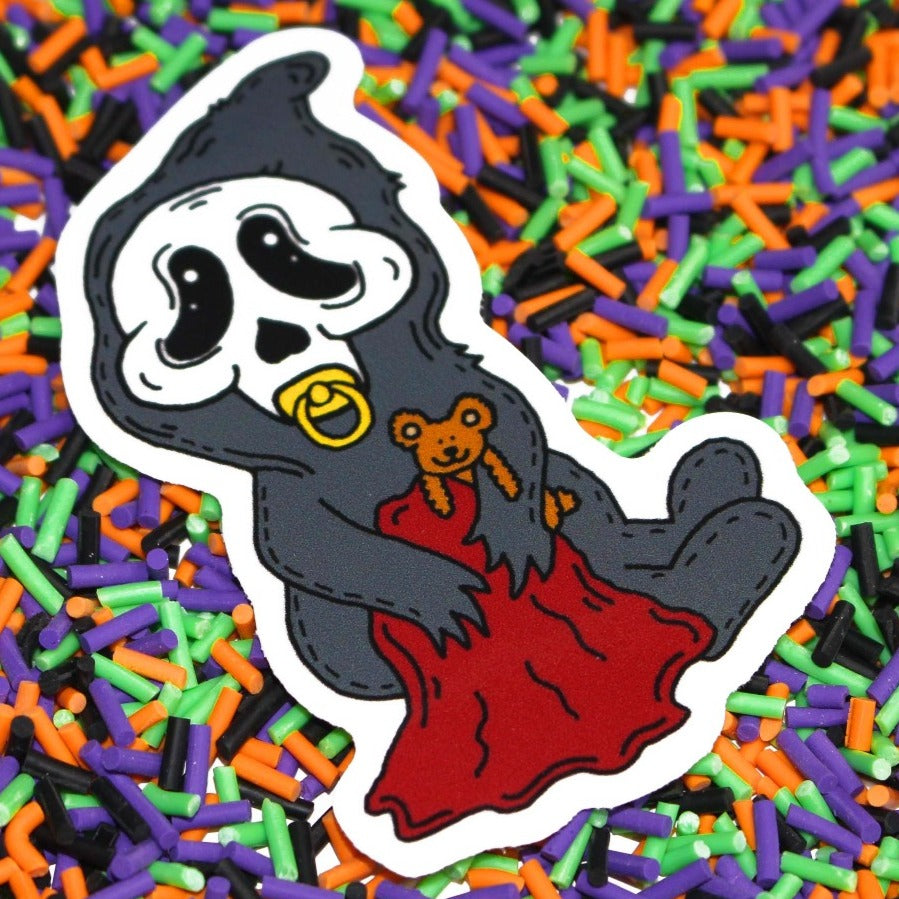 Baby Ghostface Scream Sticker with his killer teddy bear, blanket and pacifier by SpookyKillerBabies.com