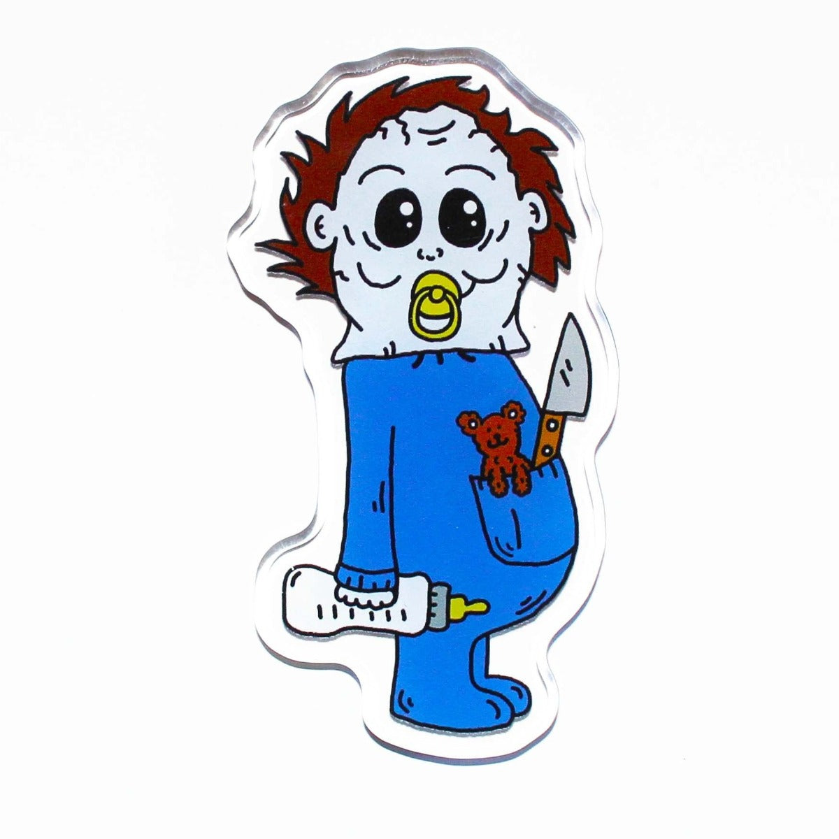 Baby Michael Myers with his baby bottle, knife, killer teddy bear and his pacifier Magnet. Horror Parody by SpookyKillerBabies.com