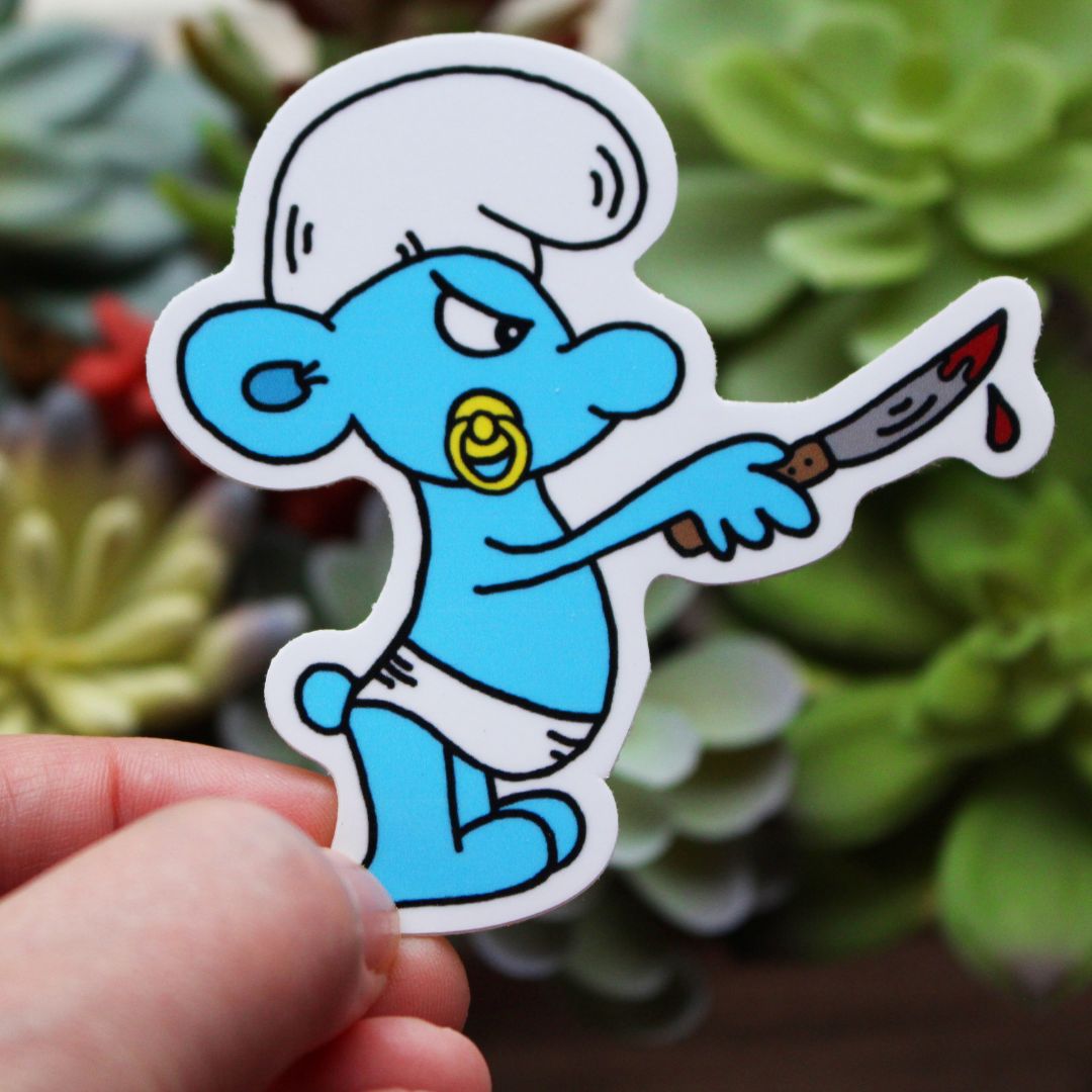 Baby Smurf Wearing a diaper sucking a pacifier holding a bloody knife sticker horror parody by SpookyKillerBabies.com