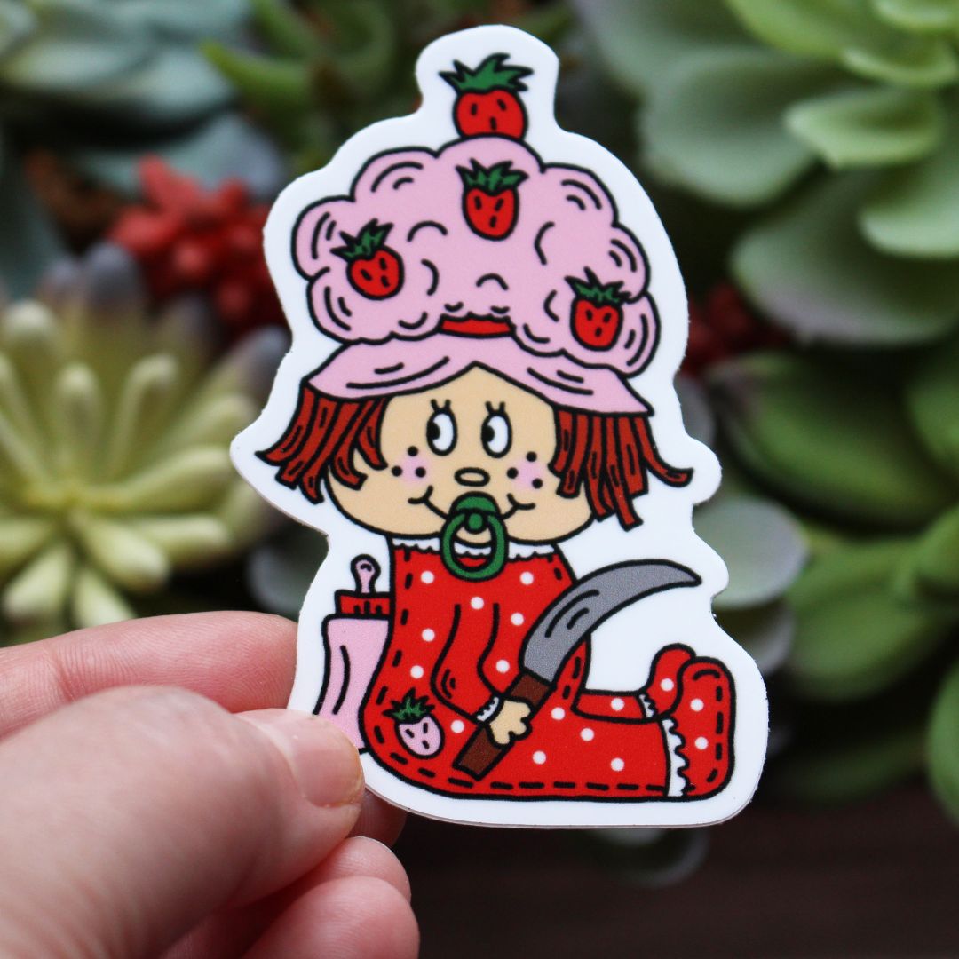 Strawberry Shortcake Holding a knife with bottle and pacifier horror parody sticker by SpookyKillerBabies.com