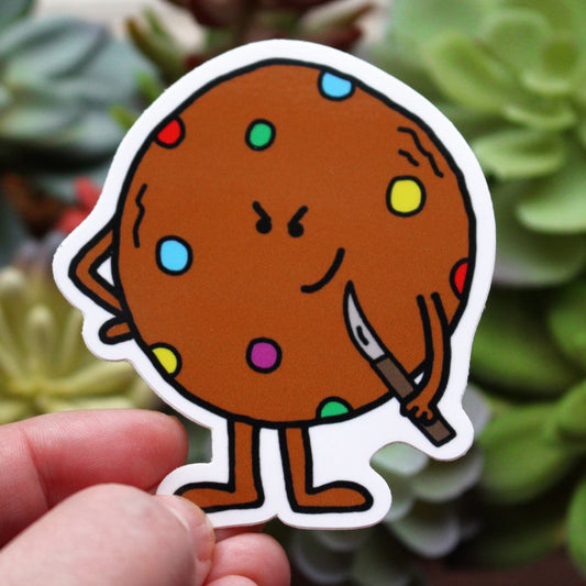 Baby Chocolate Chip Candy Cookie holding a knife horror parody sticker by SpookyKillerBabies.com