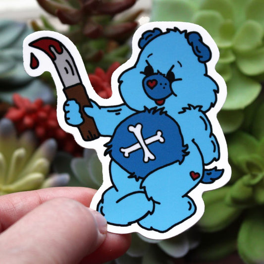 Care Bear Killer with bloody knife horror parody sticker with cross bones on belly sticker by SpookyKillerBabies.com