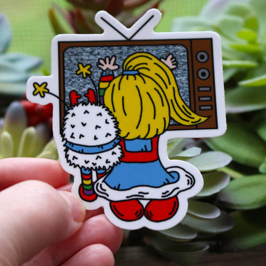 Rainbow Brite and Twink has hands on static tv mashup Poltergeist they're back sticker horror parody by SpookyKillerBabies.com