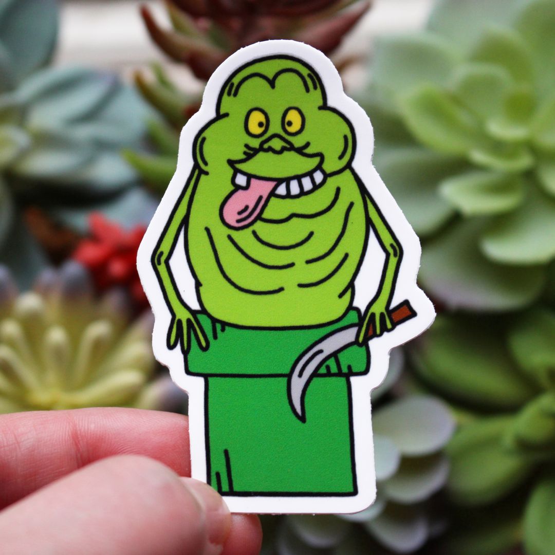 Slimer Ghostbusters Slice and Dice with knife in Super Mario Brothers Tunnel Sticker Horror Parody by SpookyKillerBabies.com