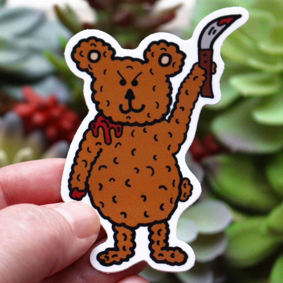 Teddy bear killer with bloody knife sticker horror parody spooky killer babies picture 
