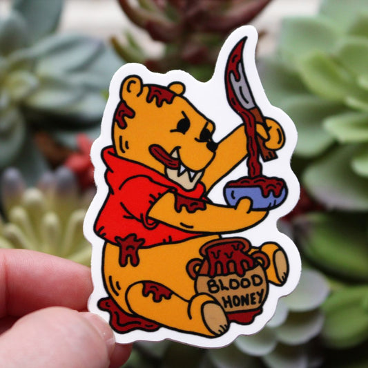 Winnie The Pooh Bear with bloody knife and bowl of blood honey sticker horror parody by SpookyKillerBabies.com