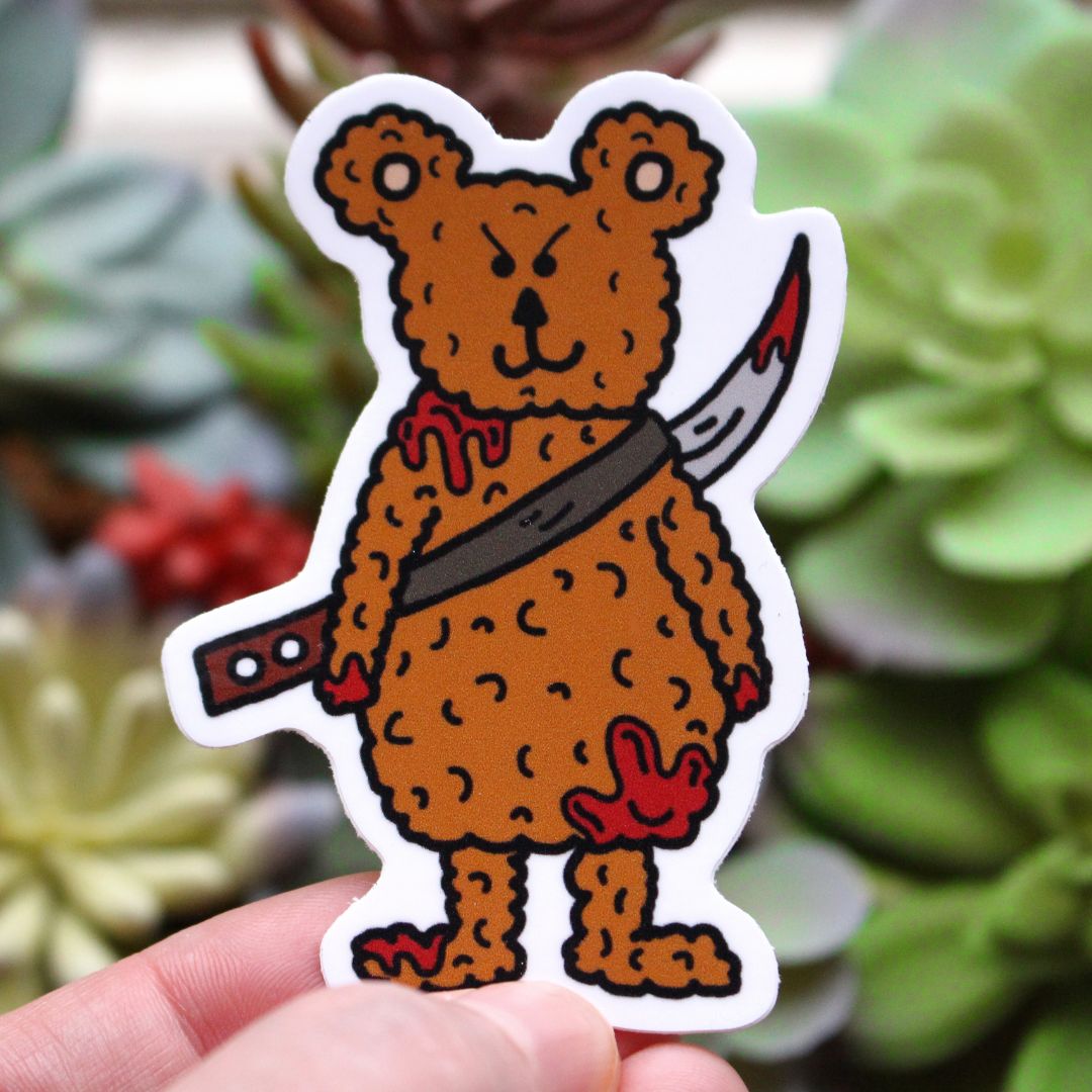 teddy bear killer wearing a bloody sword covered in blood sticker horror parody spooky killer babies picture 2