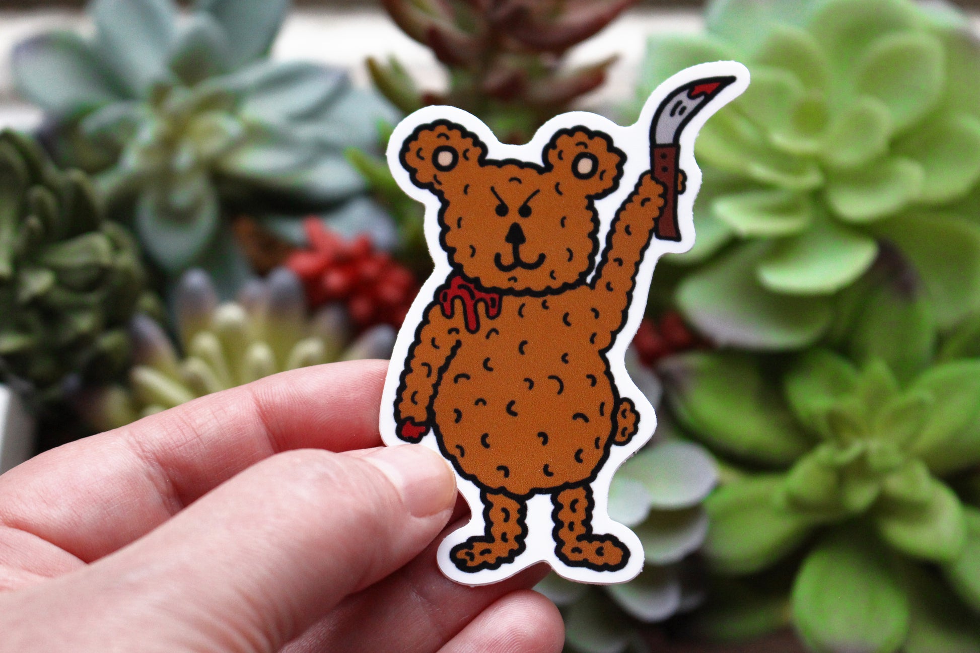 Teddy bear killer with bloody knife sticker horror parody spooky killer babies picture